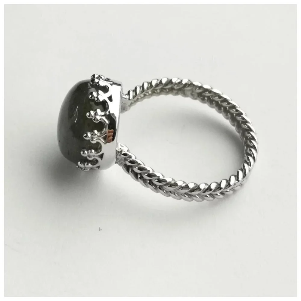 Cabochon Labradorite Ring in Sterling Silver Tudor Revival Design